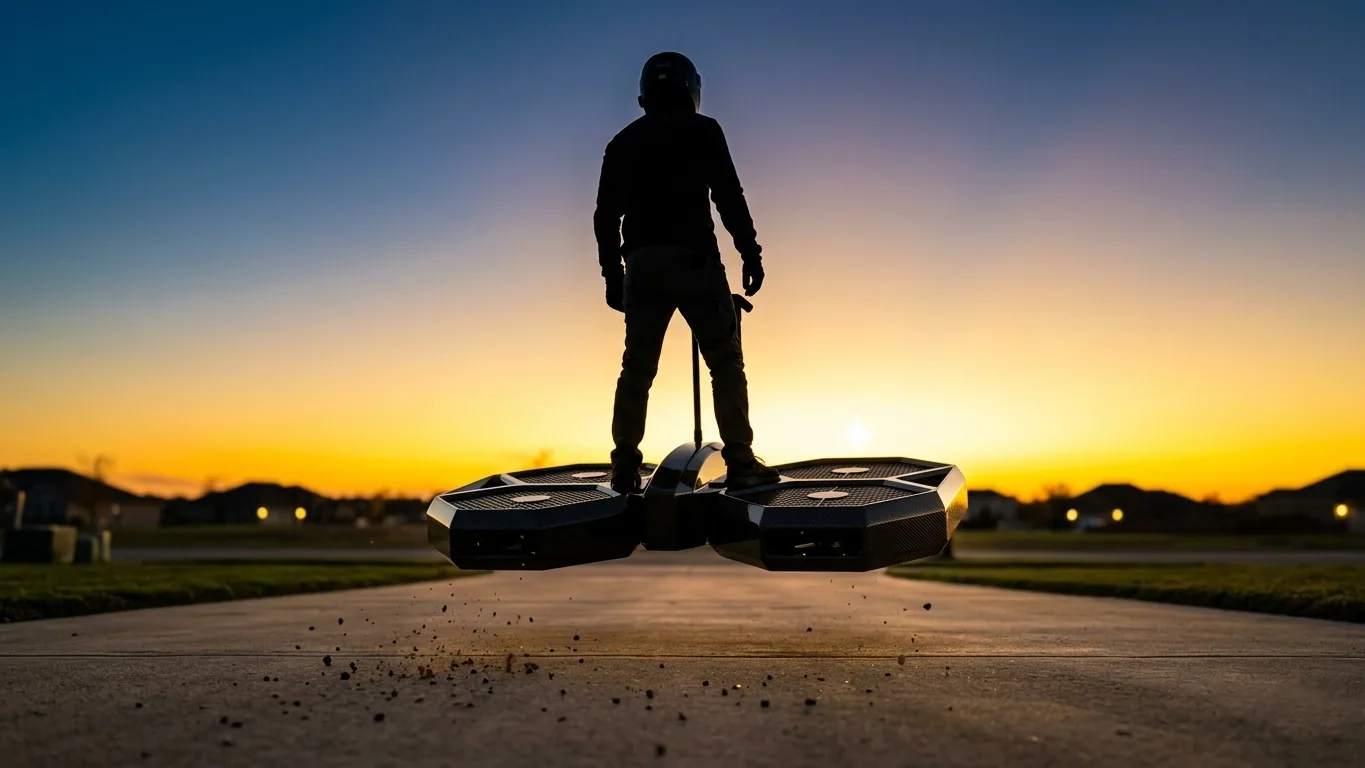 a person standing on a CoolFly Urban-2, taking off from their home driveway at sunset.