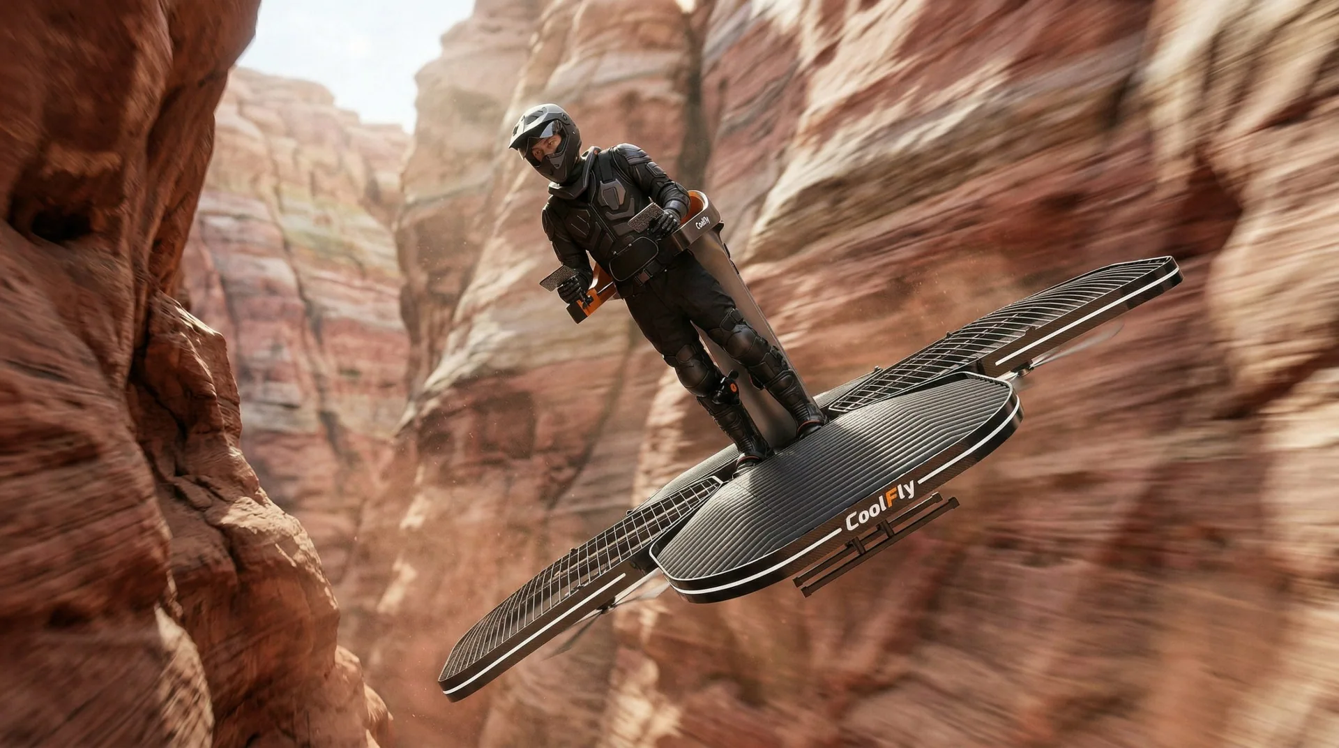 a Coolfly eVTOL navigating through a narrow, majestic red-rock canyon. The aircraft is banking sharply to avoid a rock wall