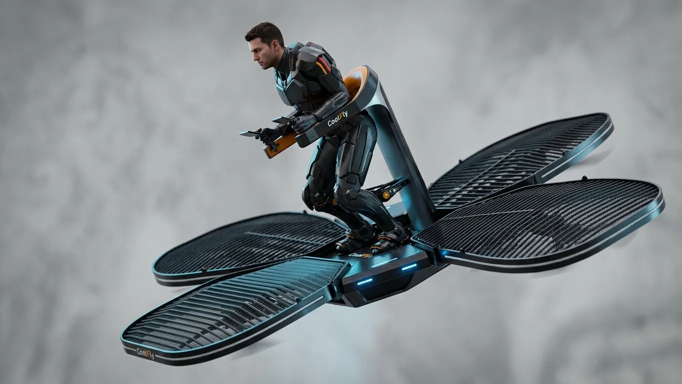 a pilot leaning forward on the Coolfly platform, the aircraft tilting forward in perfect response to the body's center of gravity.