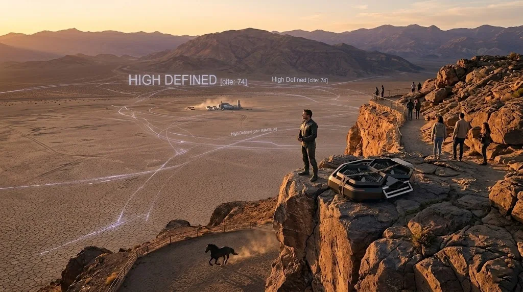 A person standing on a cliff at sunset looking over a vast valley, a folded portable eVTOL aircraft beside them