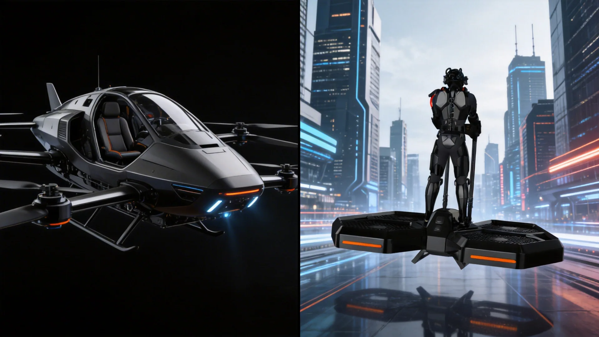 left side shows a bulky traditional flying car with a cockpit and seats, right side shows a sleek minimalist Coolfly standing evtol aircraft