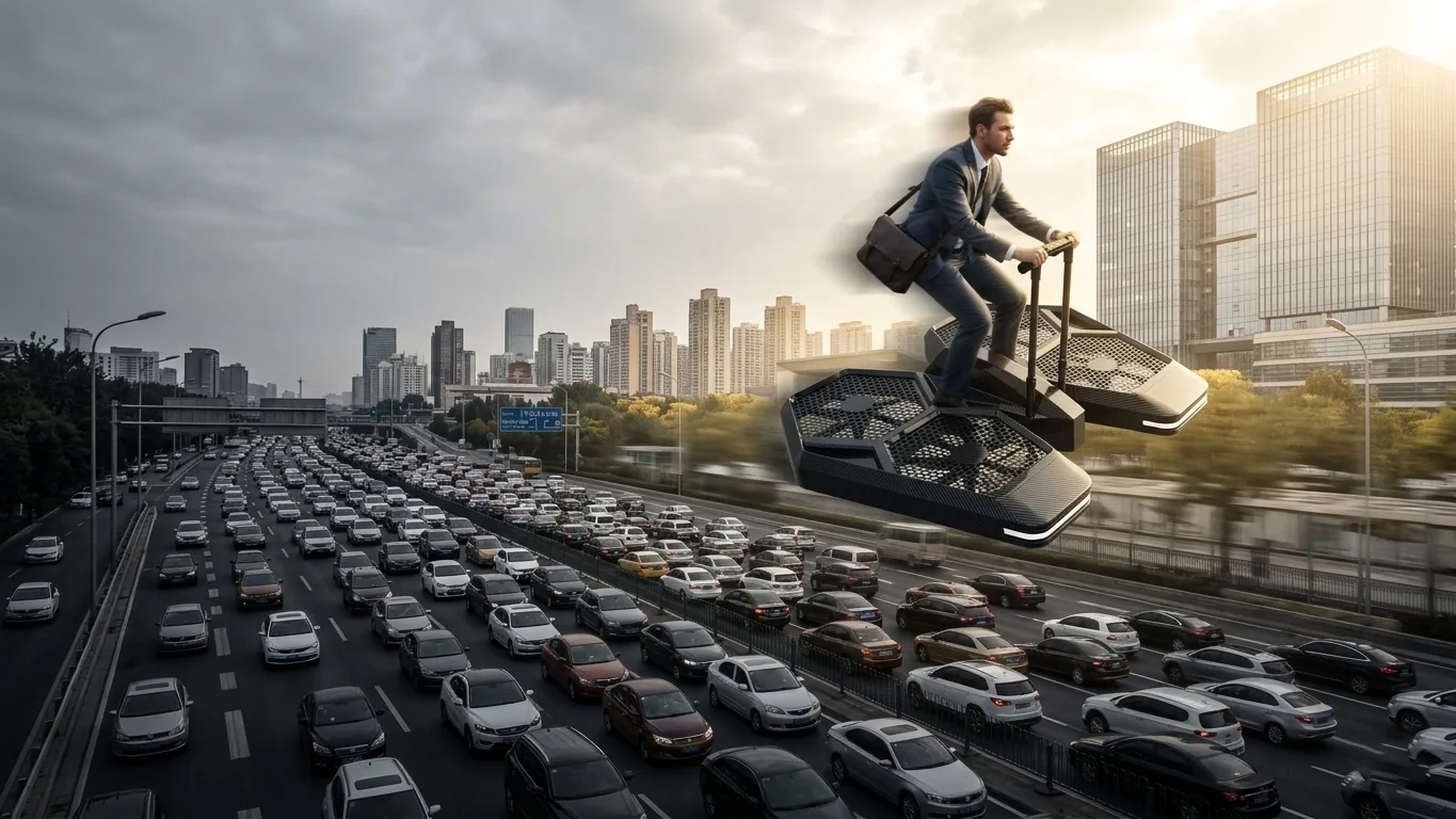 Below, a long line of cars is stuck in a dark, gray traffic jam on a highway. Above them, 10 meters high, a CoolFly Urban-2 flies swiftly toward a sunlit office district.