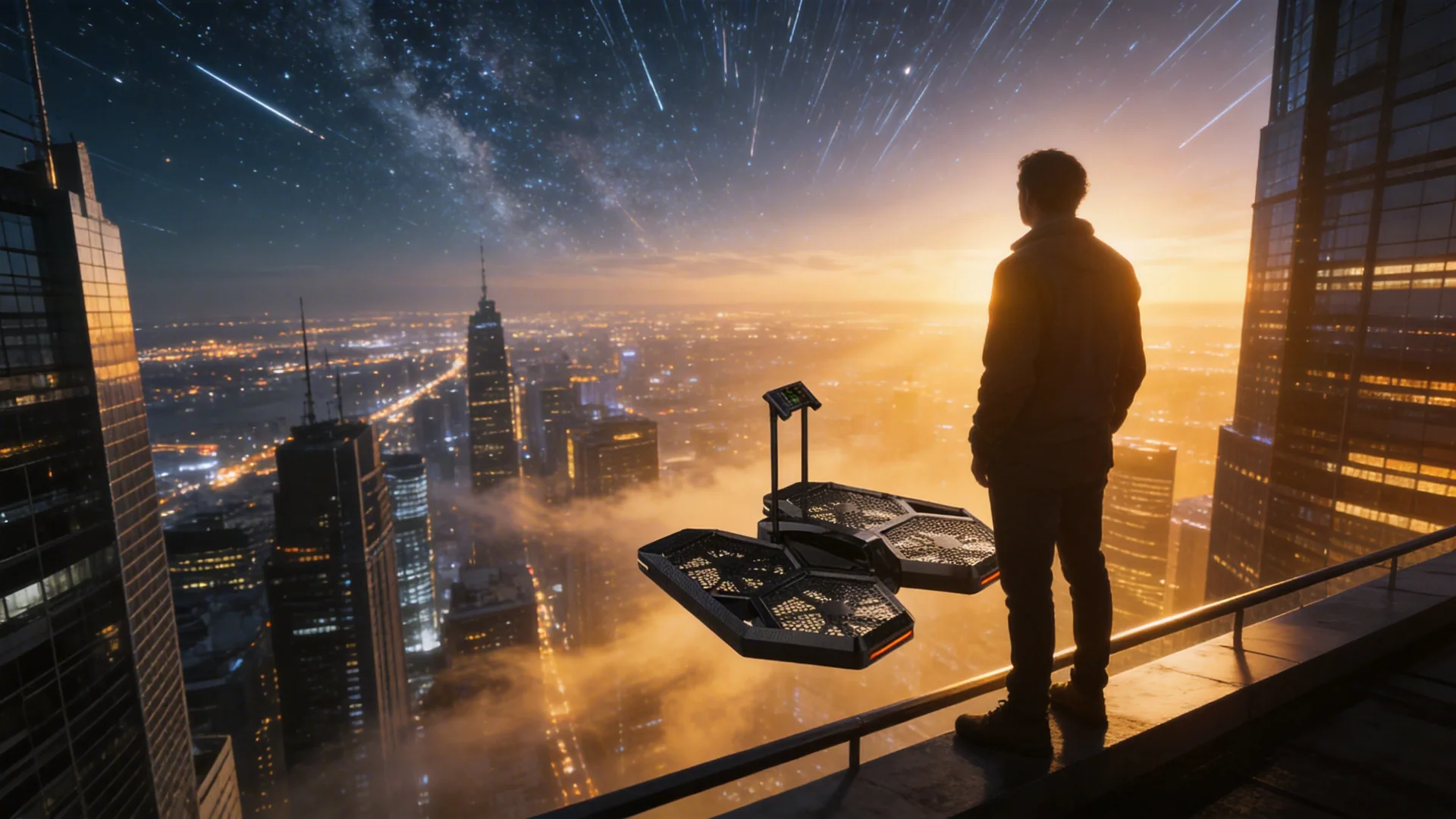 a visionary creator standing on a futuristic skyscraper balcony at sunrise, looking down at a congested city with glowing car lights with coolfly evtol aircraft