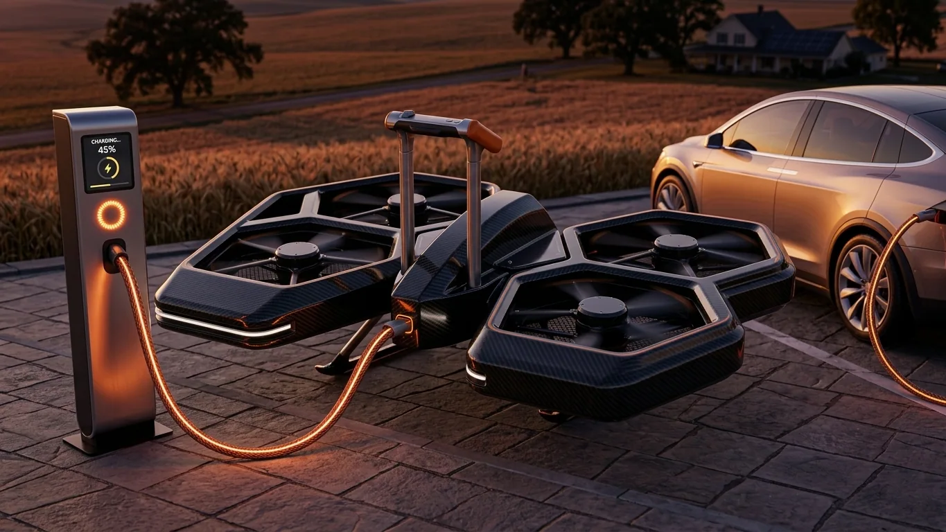A futuristic coolfly eVTOL aircraft parked next to a modern electric vehicle charging station