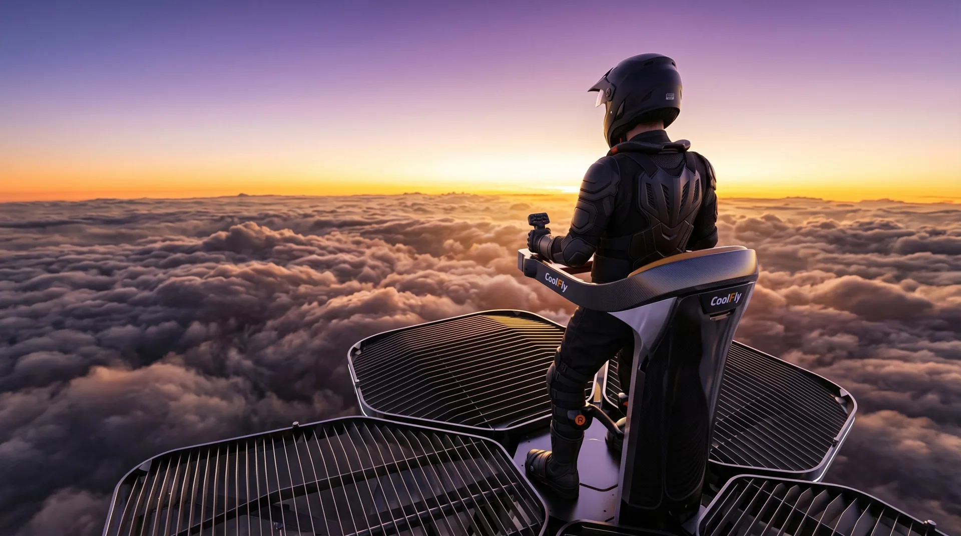 looking out over a sea of clouds at dawn from the platform of a Coolfly eVTOL. 