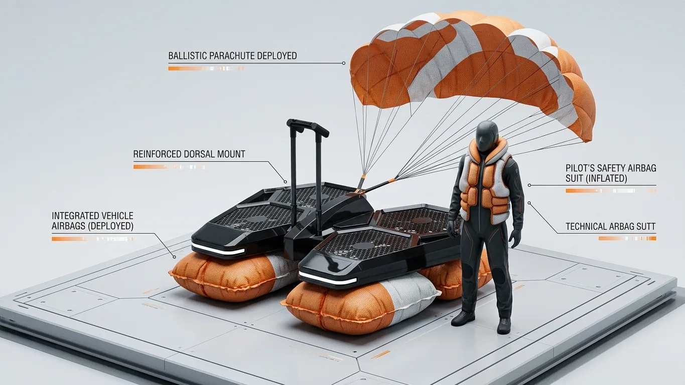 A technical 3D diagram showing the CoolFly Triple Protection system: a deployed ballistic parachute, inflated bottom airbags on the craft, and the pilot's airbag safety suit.