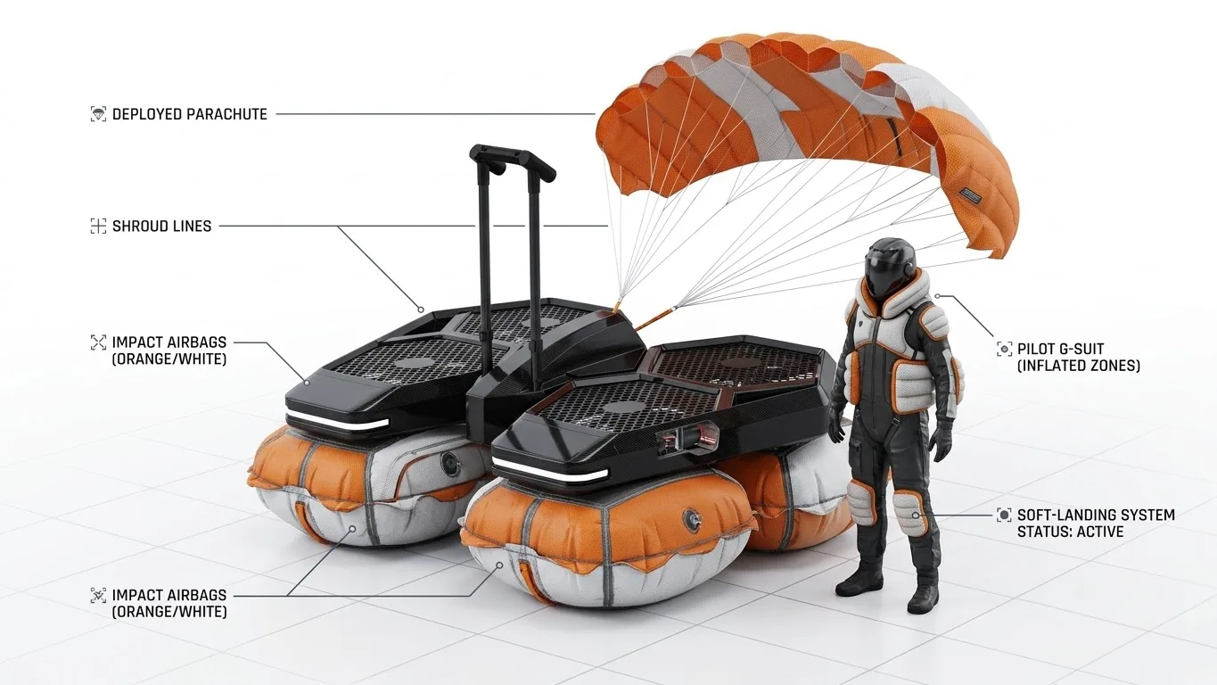 3D technical diagram of a CoolFly aircraft landing with deployed bottom airbags and an open parachute. The pilot's flight suit also shows inflated protection zones.