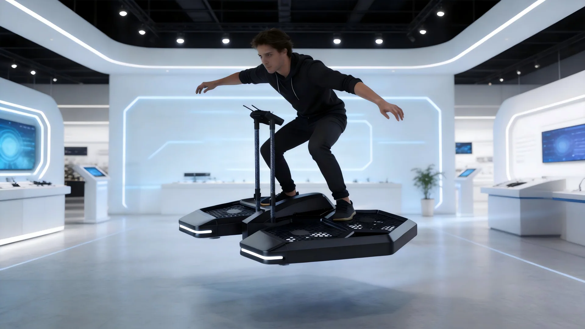 A futuristic coolfly personal eVTOL hoverboard flying slightly above the ground in a high-tech modern exhibition hall.