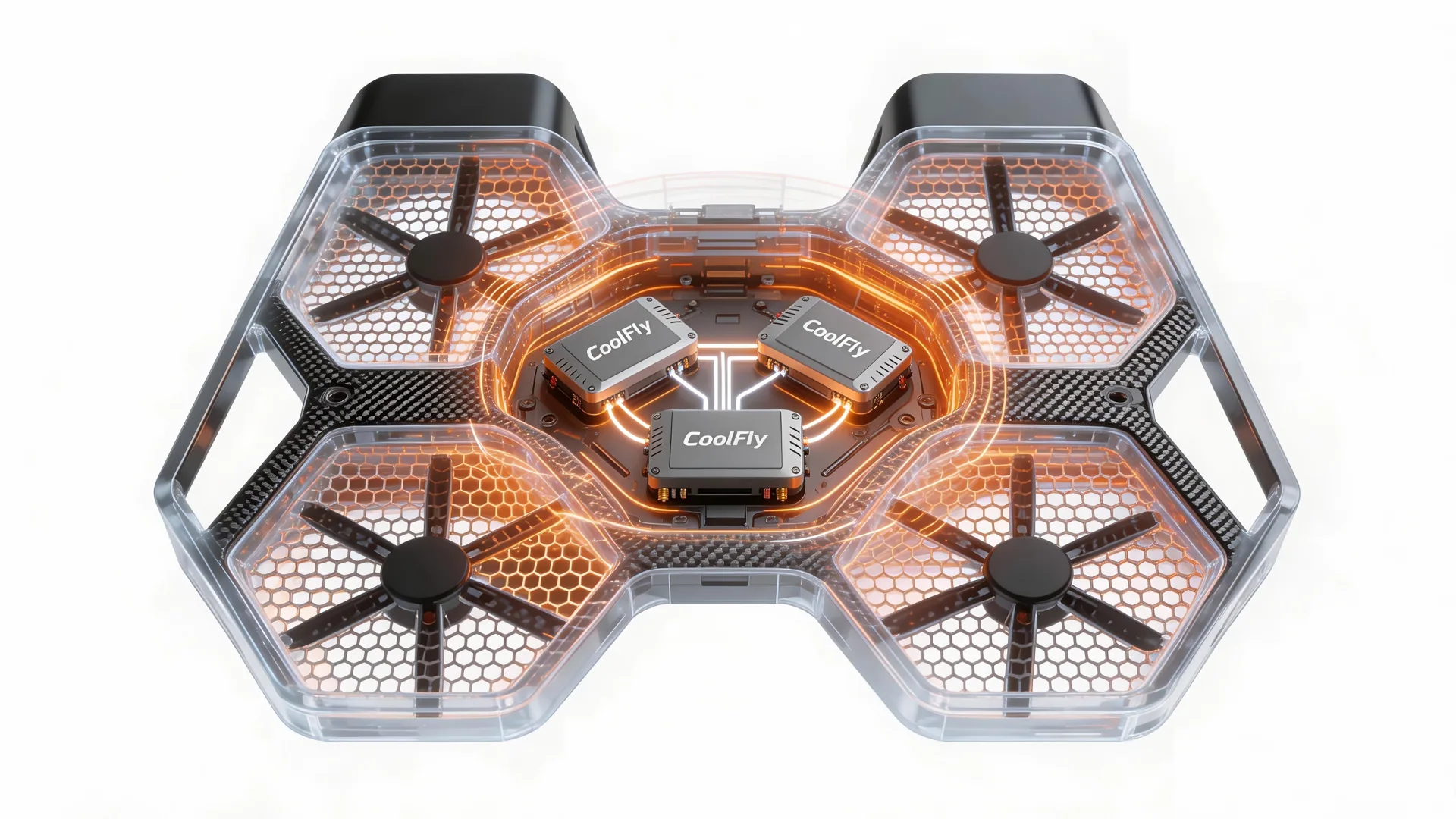 A glowing holographic X-ray view of a coolfly eVTOL's internal chassis. Highlighting three bright, interconnected smart sensor chips (triple-redundant IMU) in the center.