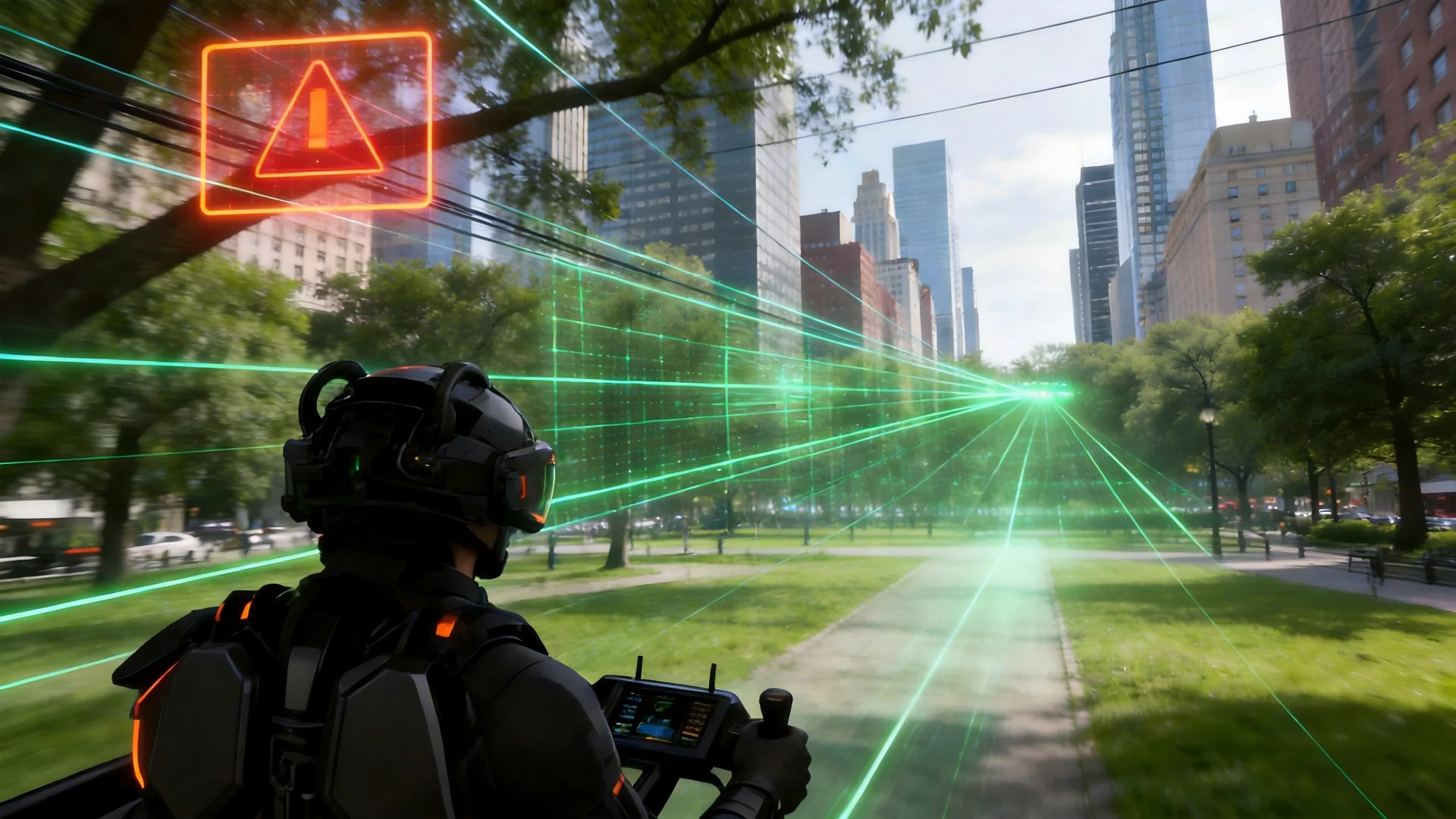 Over-the-shoulder view of a person flying an eVTOL through an urban park. The machine's AI vision is visualizing the environment with glowing laser grids.