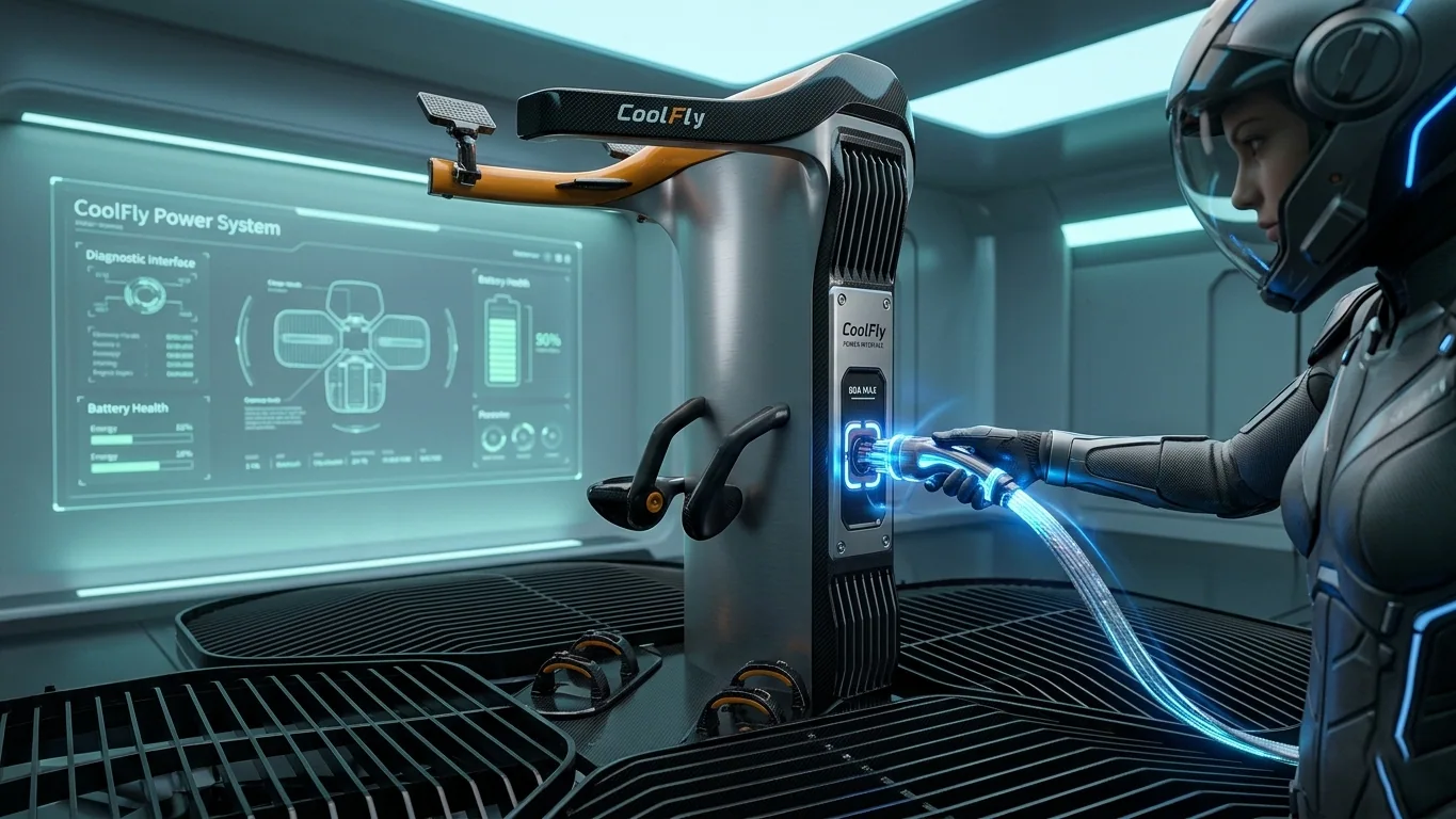a pilot plugging a sleek, glowing LED charging cable into the side of a Coolfly eVTOL in a high-tech setting.
