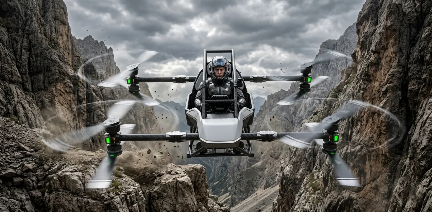 CoolFly Dream multicopter flying through a narrow, rocky mountain canyon.
