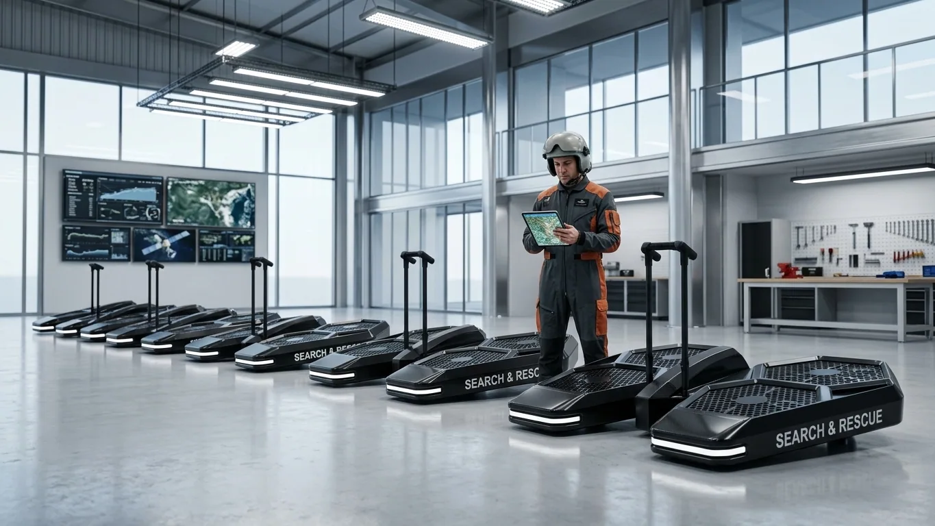 Interior of a clean, modern aviation hangar. A row of CoolFly aircraft with "Search and Rescue" decals. A professional rescue pilot looking at a digital tablet with flight maps.