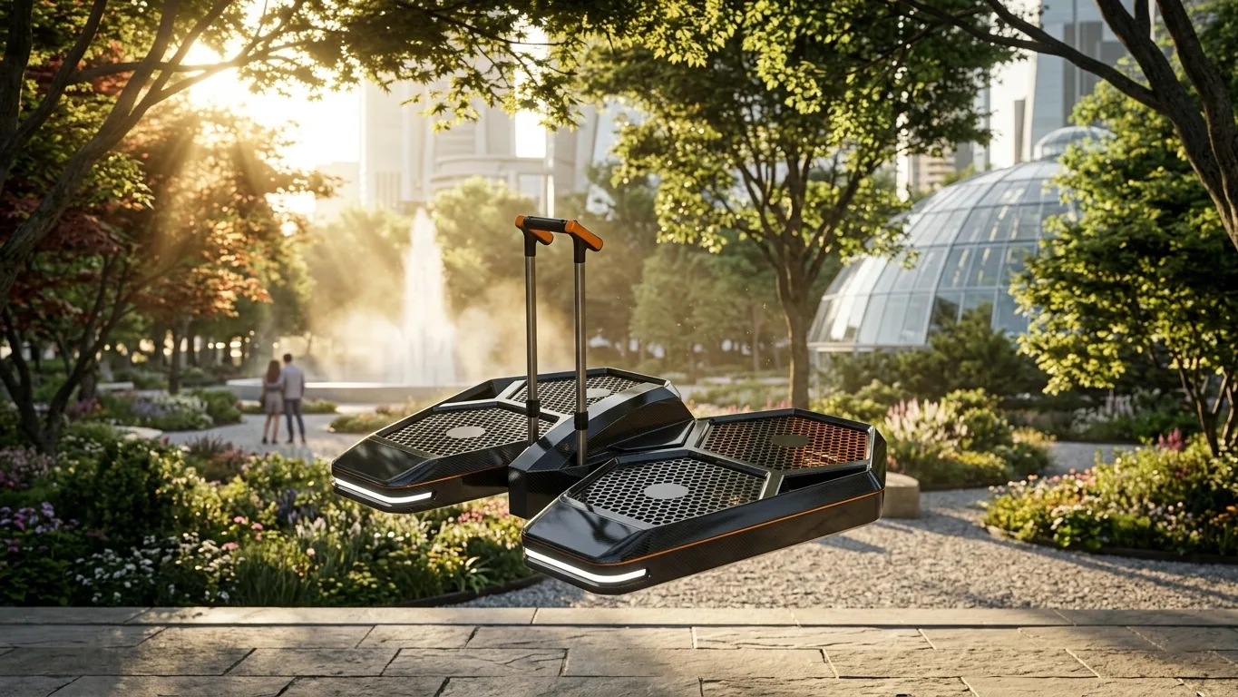 eVTOL aircraft hovering 5 meters above a lush green city park