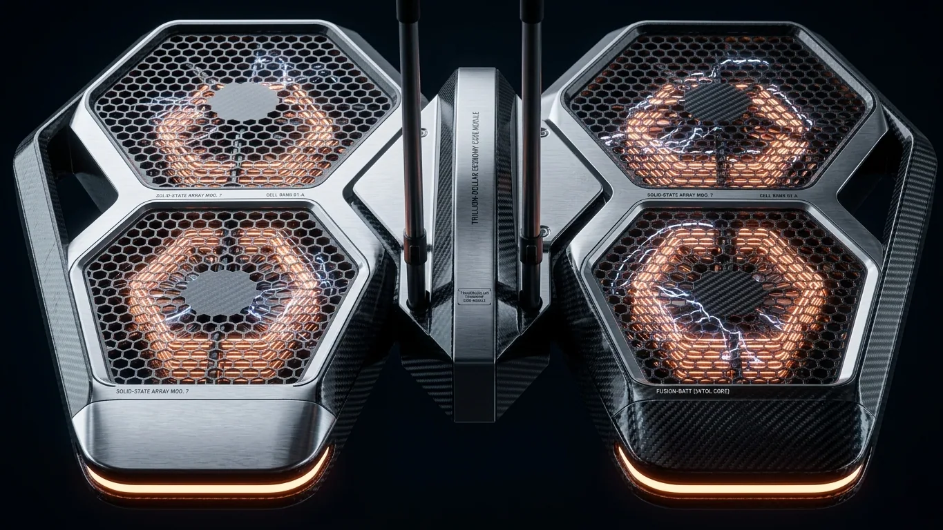 Macro shot of a futuristic solid-state battery cell for eVTOL aircraft.