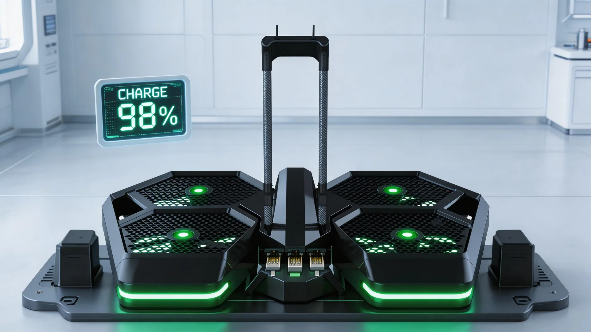 An array of high-tech modular battery packs for an evtol, glowing green status lights