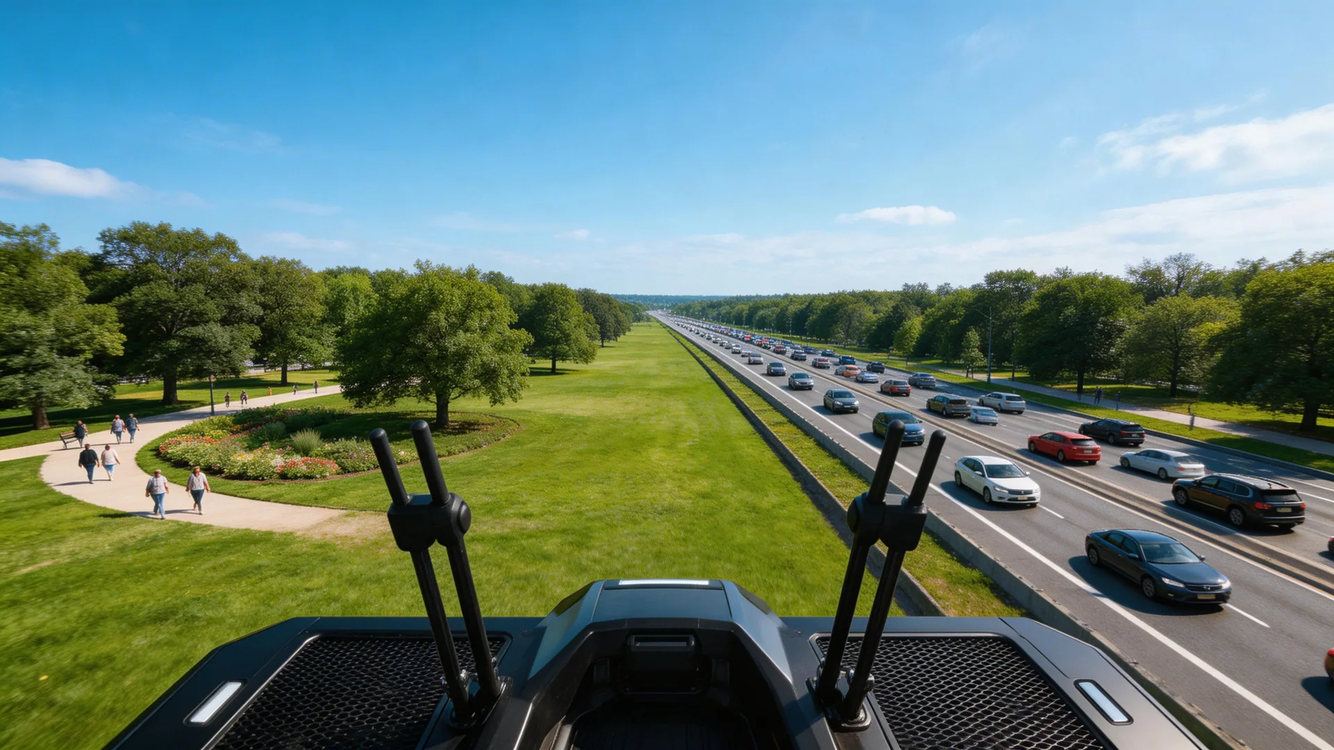 Wide angle view from a standing evtol aircraft, flying 10 meters above a beautiful park and a busy highway, 360 degree