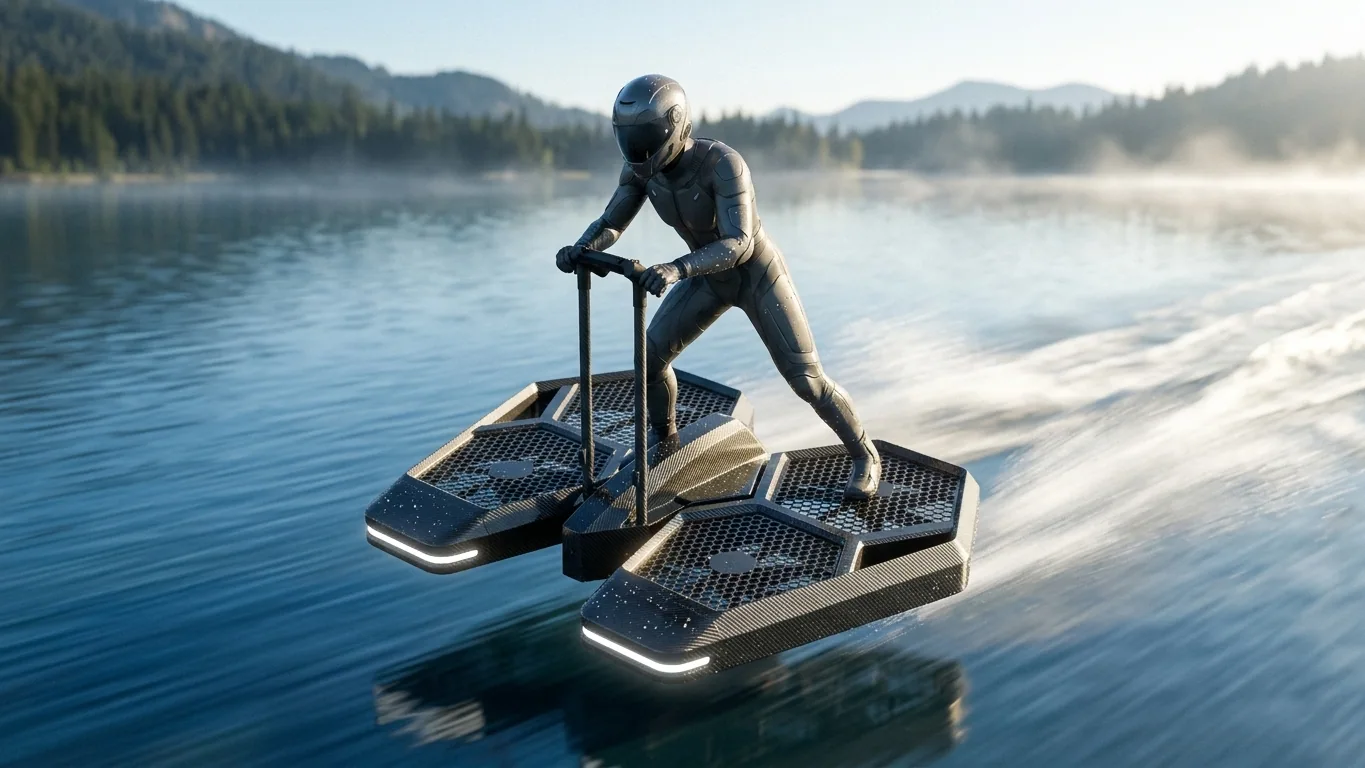 A CoolFly Urban-2 personal aircraft flying fast over a calm blue lake at 70km/h.