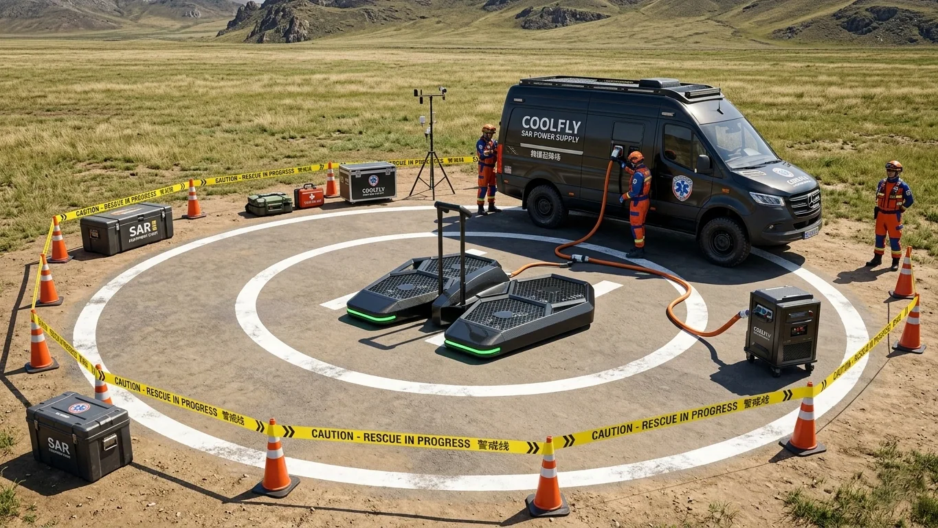 Operational scene of a 20-meter radius rescue landing pad in an open field. A CoolFly mobile power van is charging an aircraft.