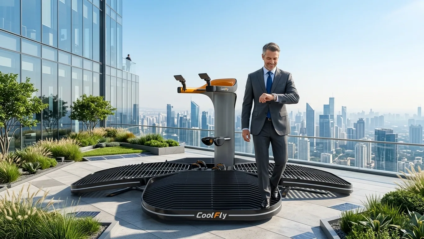 A Coolfly standing eVTOL safely landing on a modern skyscraper’s private balcony garden. A professional steps off the platform, looking fresh and checking a luxury watch.