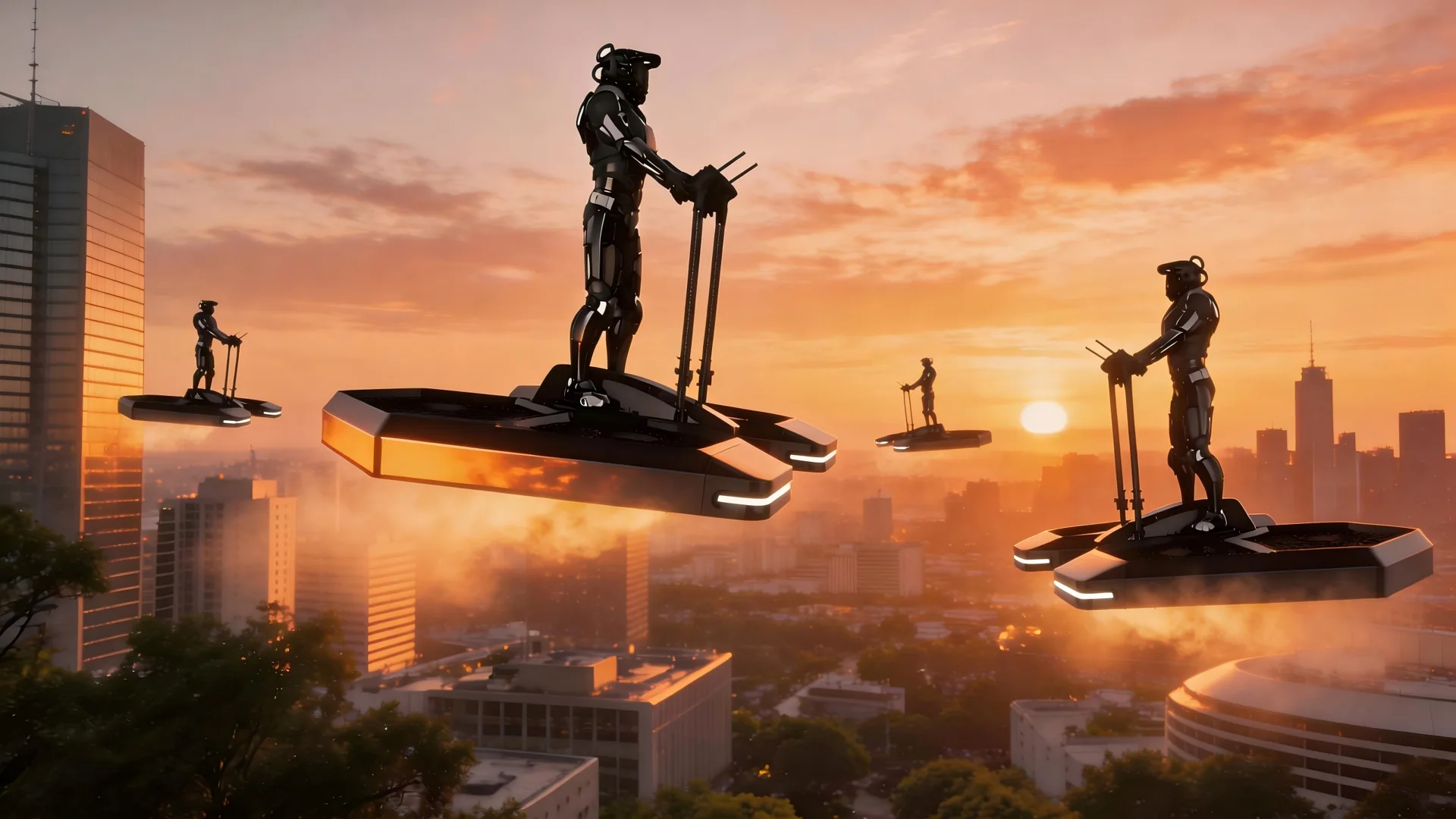  A wide, beautiful sunset shot of a futuristic urban skyline during golden hour. Several personal eVTOL are flying peacefully and safely at low altitudes between modern buildings and trees.