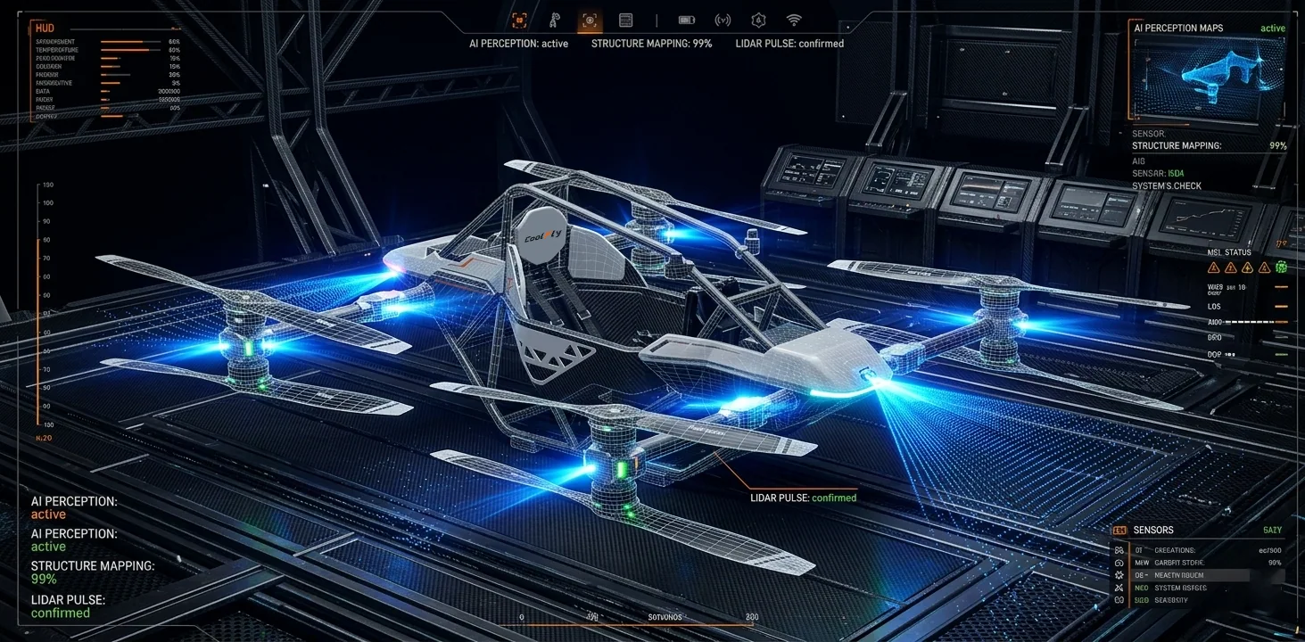 3D technical visualization of the CoolFly Dream 8-propeller system. Glowing blue LiDAR laser pulses scanning the surroundings.