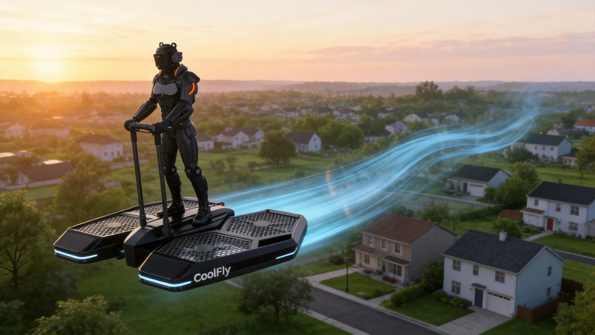 A Coolfly aircraft flying quietly over a peaceful green neighborhood