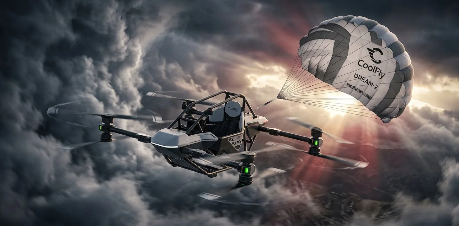 A CoolFly Dream-2 aircraft in a high-wind environment, held steady by its deployed parachute acting as a sky anchor.