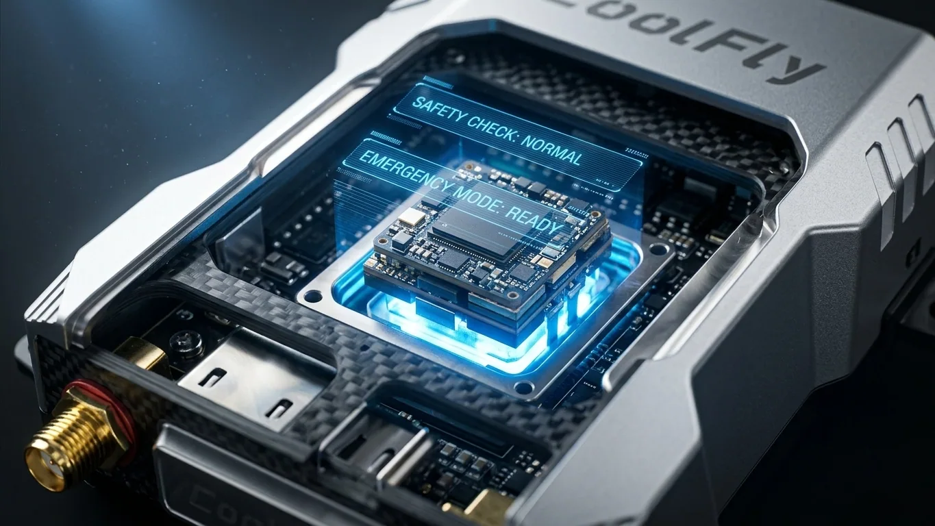 Close-up of the NA80 flight controller internal sensors glowing with blue light.
