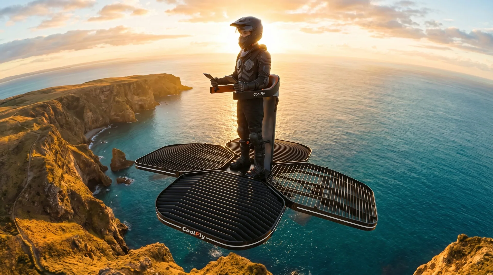a person standing on a black Coolfly eVTOL, floating effortlessly above a stunning coastal cliffside at sunrise.
